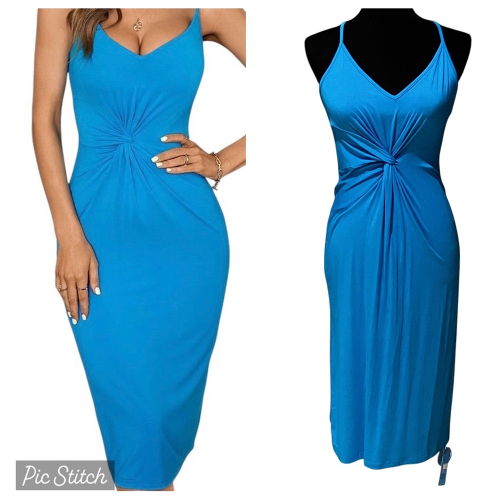 Women’s Blue Spaghetti Strap Ruching Stretch Comfortable Midi Dress